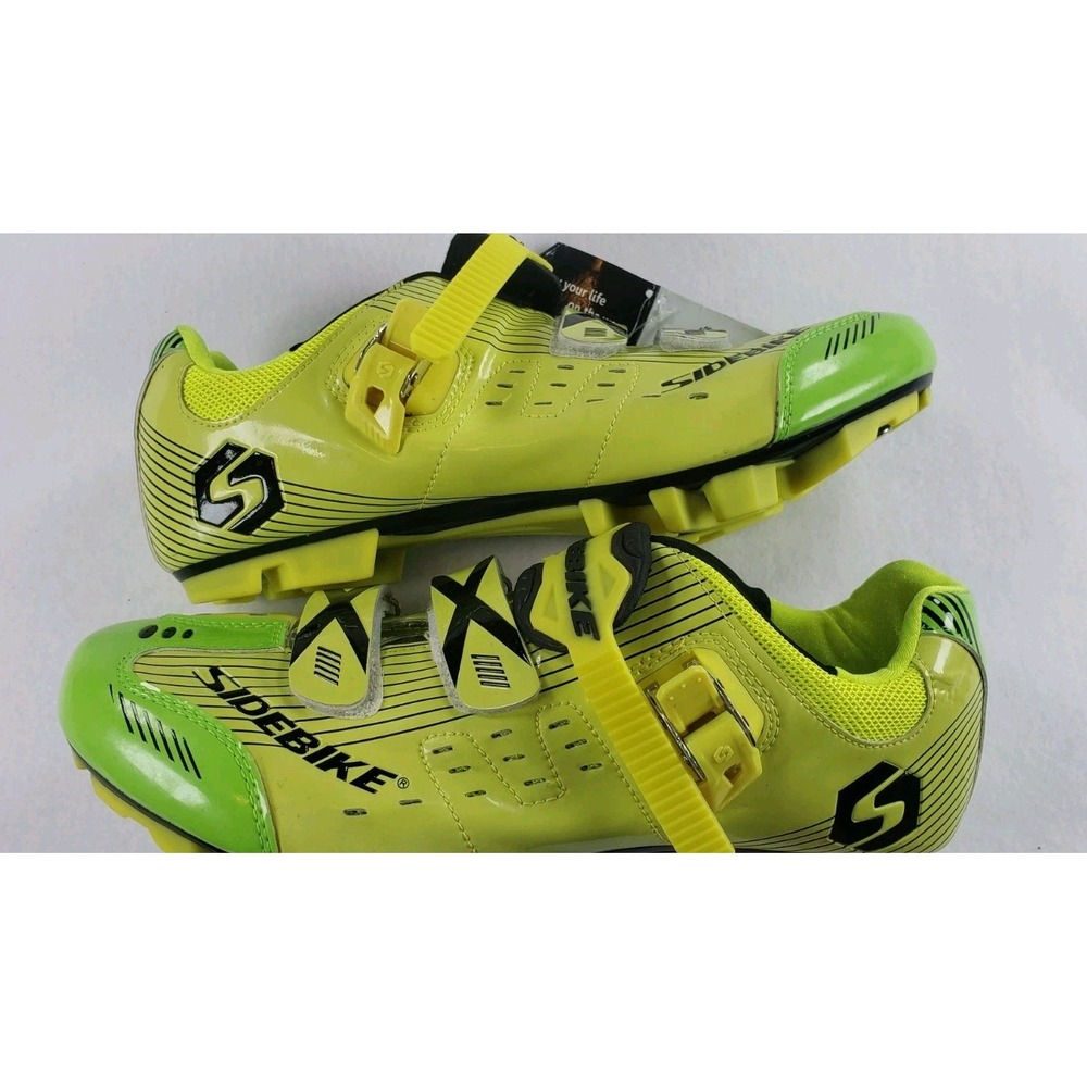 Sidebike Road Cycling Shoes Size 12 Neon Green Yellow 3-Bolt Buckle Hook Loop - Picture 8 of 11